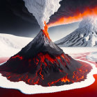 Erupting volcano spewing lava near snow-covered mountains