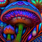 Colorful digital artwork: Psychedelic mushroom patterns in vibrant blues, reds, and oranges