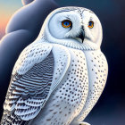 Detailed snowy owl illustration with yellow eyes in twilight sky