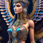 Winged female figure in golden and blue armor with regal headdress