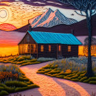 Surreal cabin artwork with stylized mountains and celestial bodies