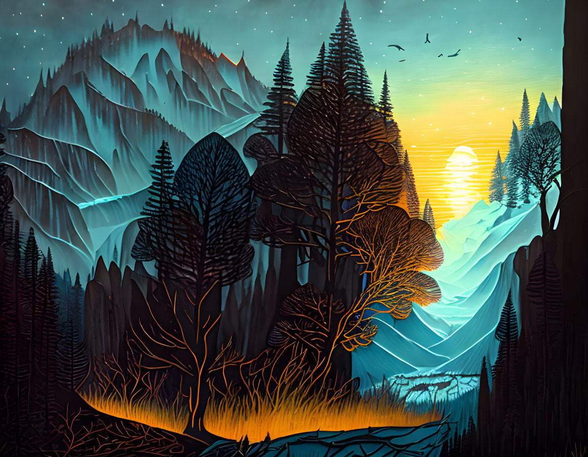 Mountainous forest sunset with vibrant sky and silhouetted trees