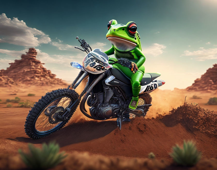 Stylized frog in biker outfit on motorcycle in desert landscape