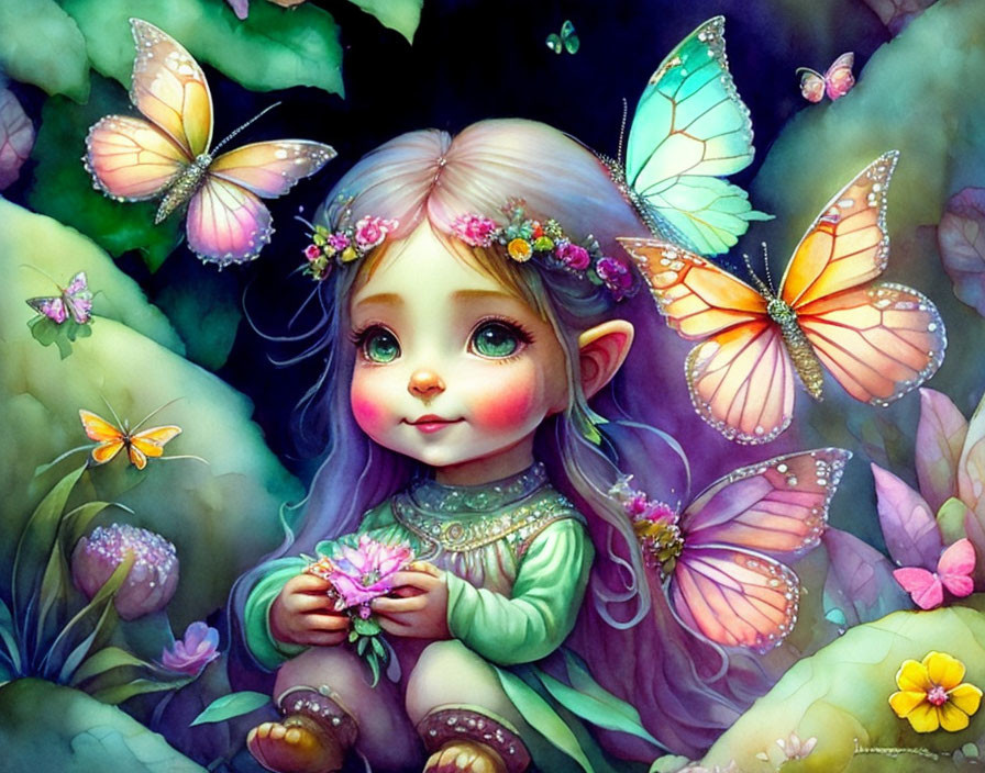 Fantasy creature with large eyes and butterflies in a magical setting