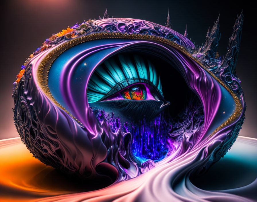 Colorful surreal digital eye art in ornate swirls