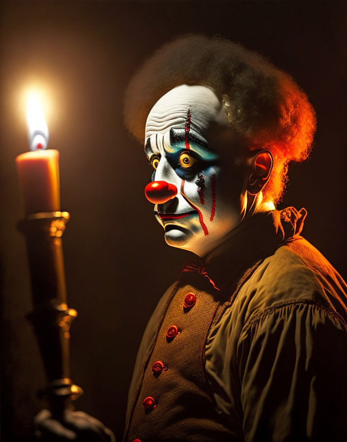 White-Faced Clown Holding Lit Candle in Dark Setting