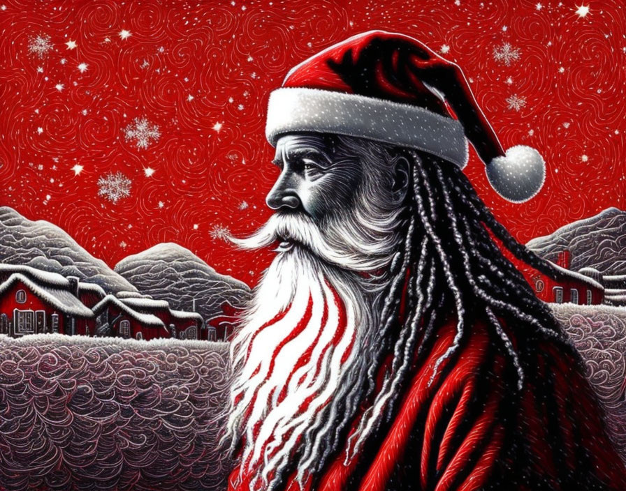 Santa Claus with long white beard in snowy landscape and red night sky