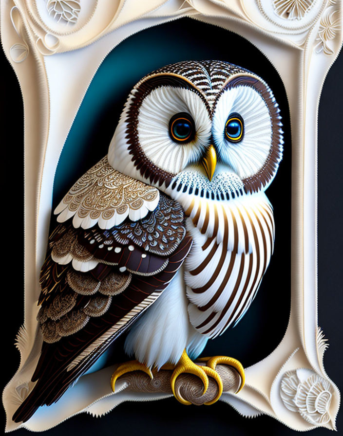 Stylized digital owl illustration with intricate patterns on blue background