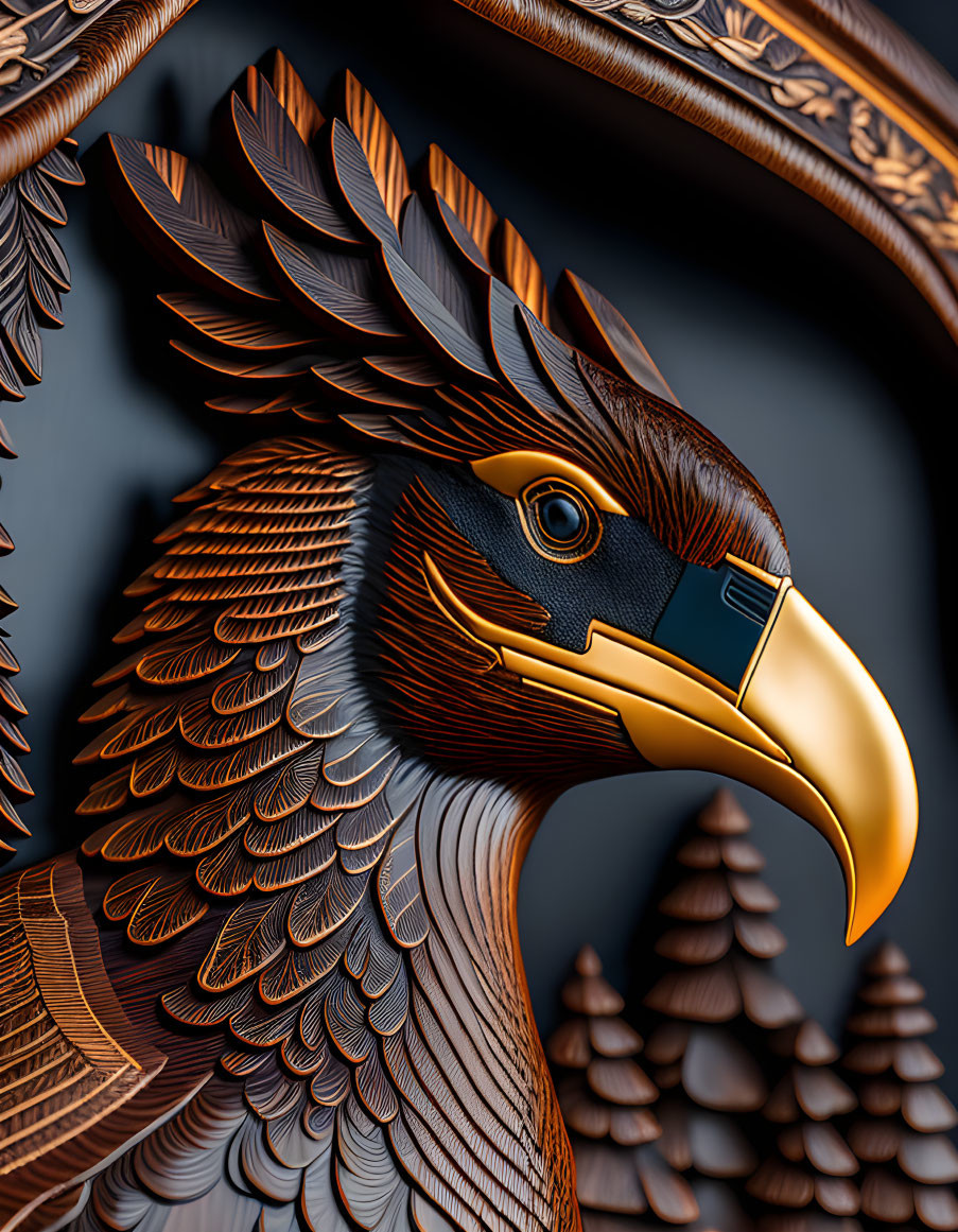 Intricate Carved Wooden Eagle with Golden Beak on Dark Background