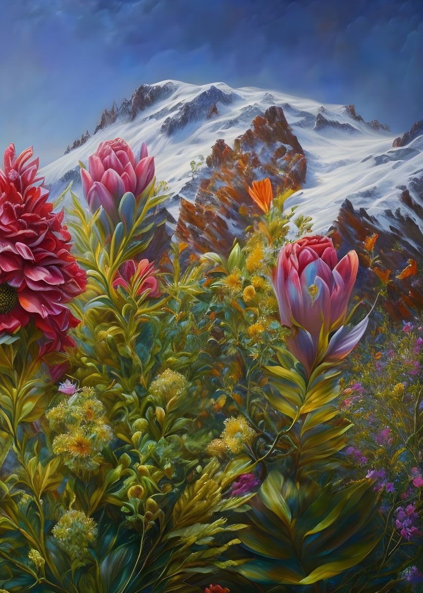 Colorful flowers with snowy mountains and cloudy sky