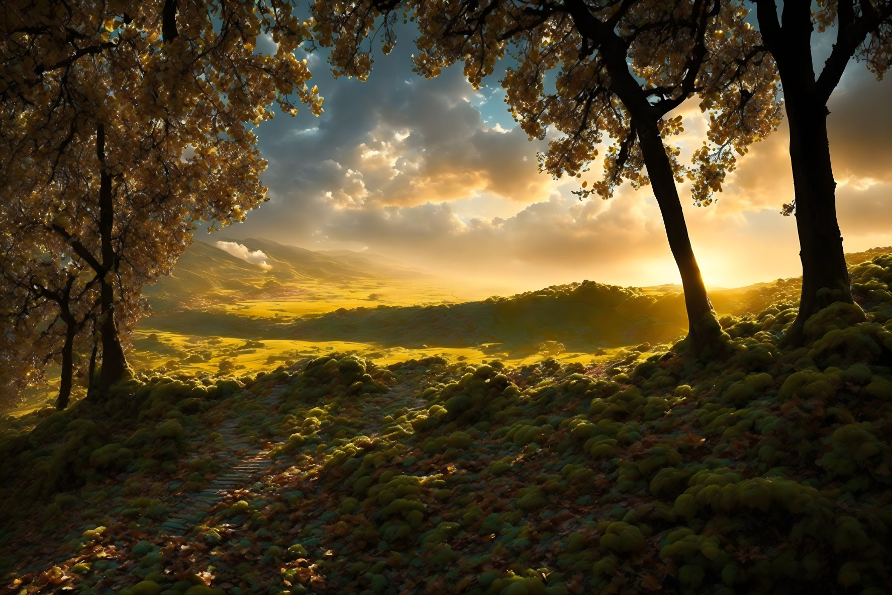 Golden Autumnal Forest with Sunlit Pathway and Rolling Hills