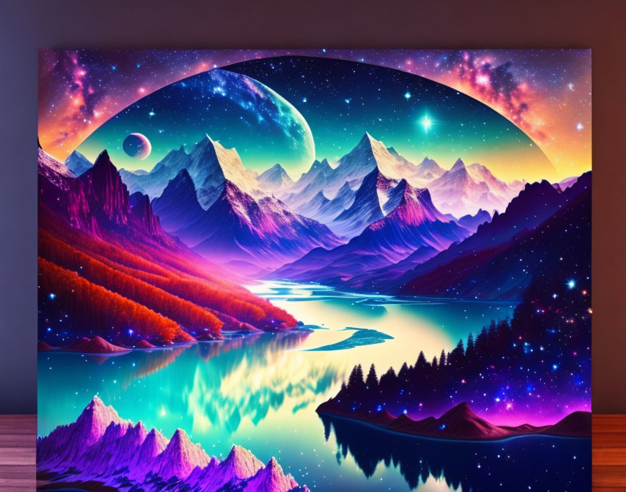 Fantasy landscape canvas print with mountains, lake, and cosmic sky