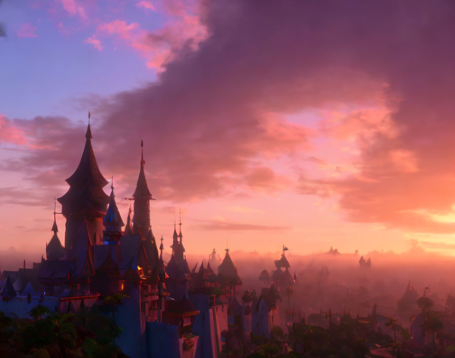 Fairytale castle in misty sunrise with purple and orange hues