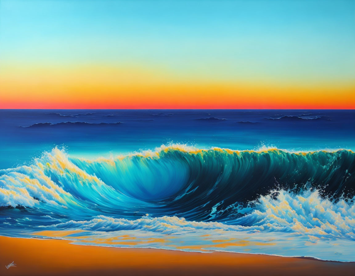 Colorful ocean wave cresting against sunset sky in vibrant painting