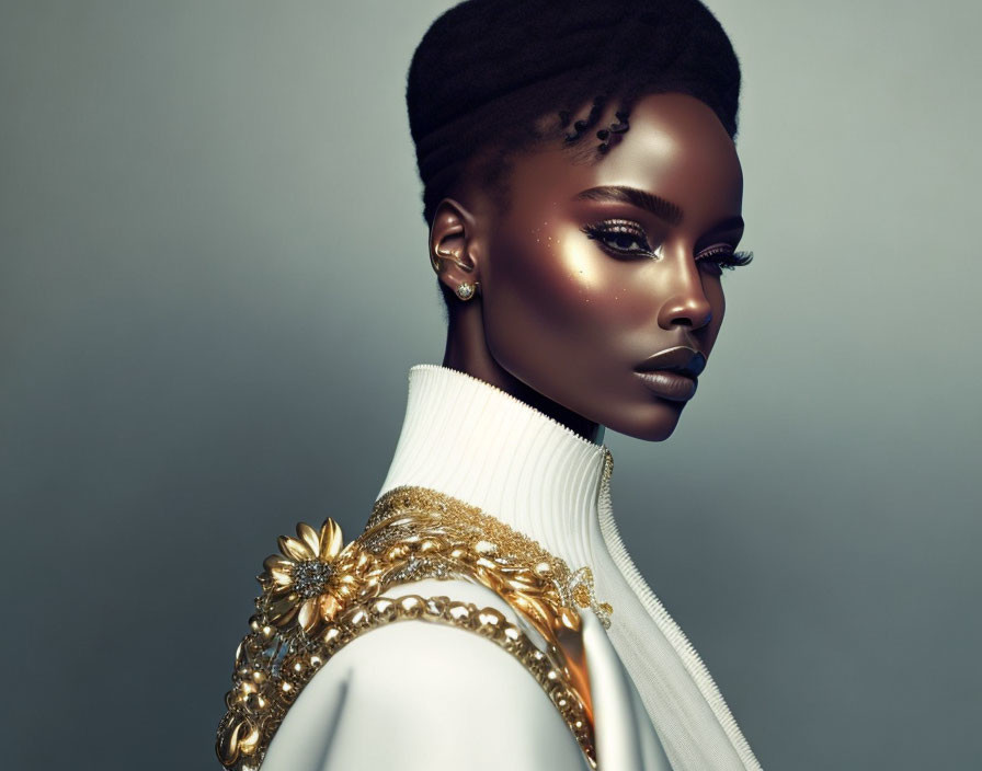 Portrait of woman with dark skin, bold makeup, white outfit & gold shoulder embellishments