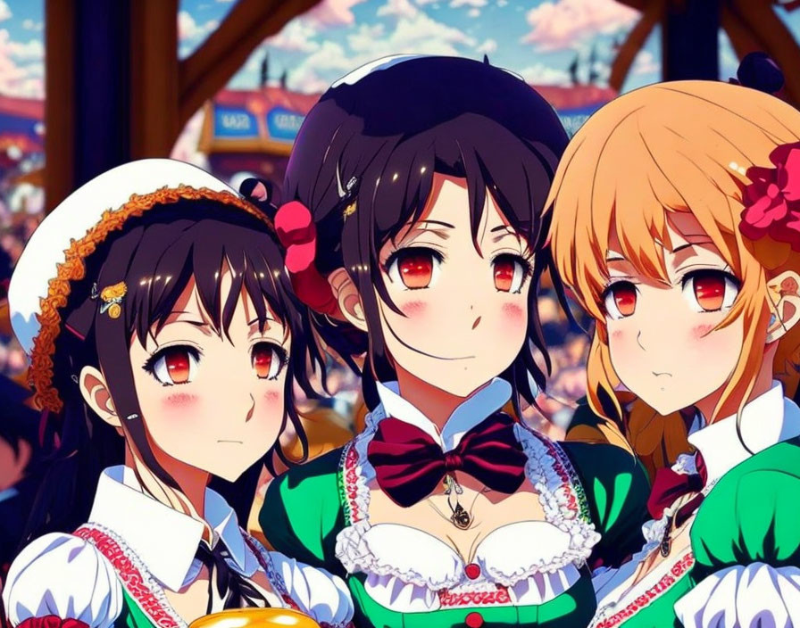 Three Anime Girls in Festive Attire at Fairground