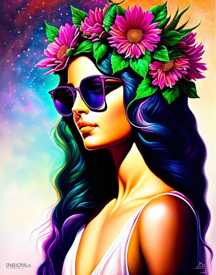 Colorful artwork: Woman with blue hair, floral crown, sunglasses, pink top on cosmic background