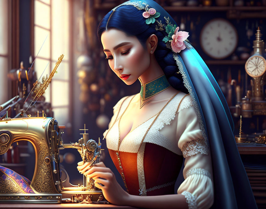 Blue-haired woman sewing on vintage machine surrounded by timepieces