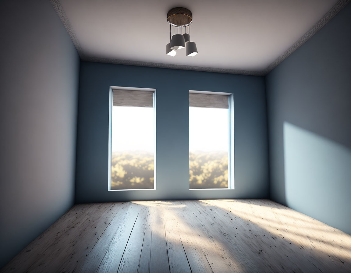 Empty room with blue walls, wooden floor, ceiling lamp, and windows with tree view.