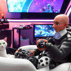 Futuristic gamer with cybernetic implant in neon-lit room with cat, space-themed monitors