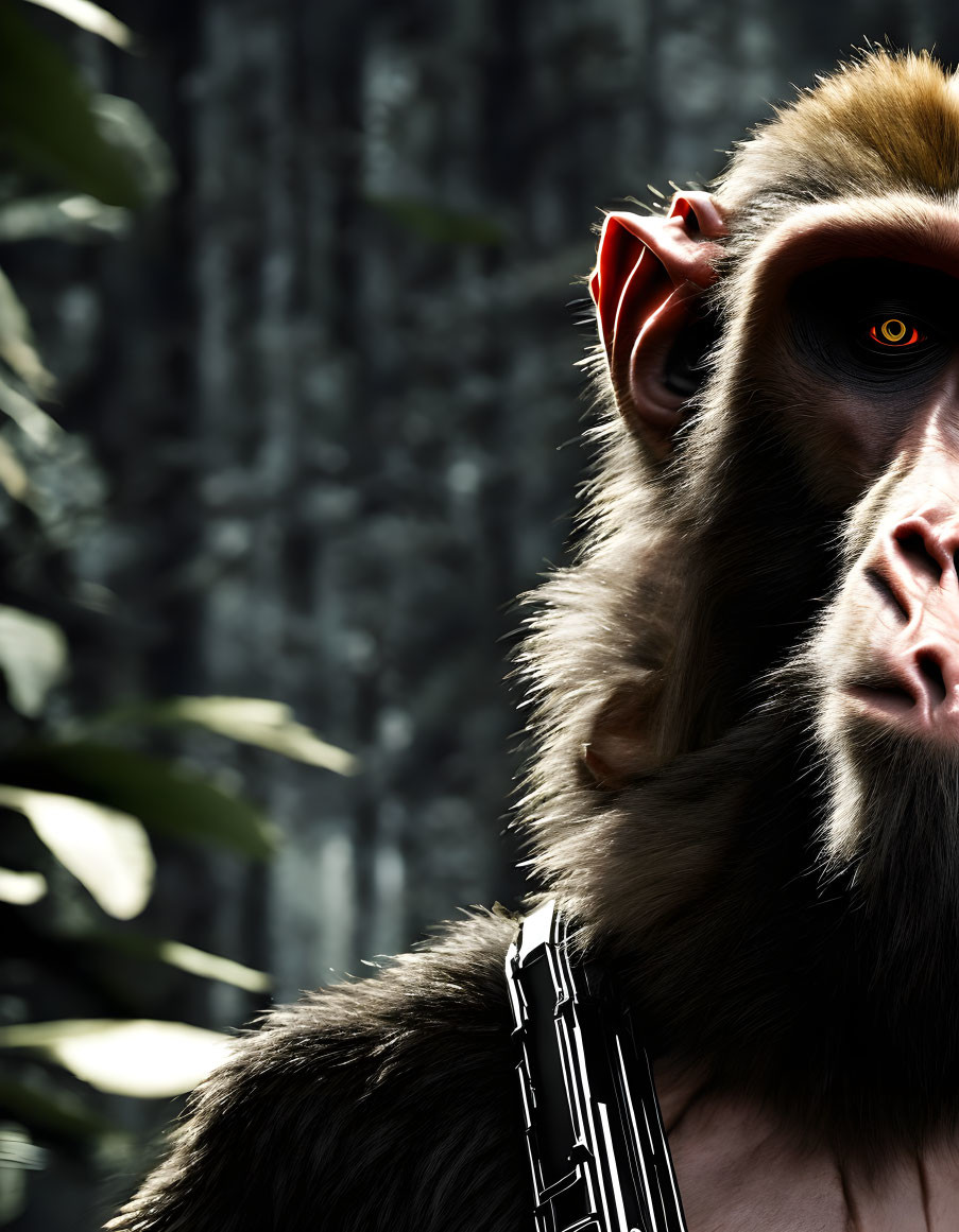 Detailed close-up of baboon with amber eyes against shadowed backdrop.