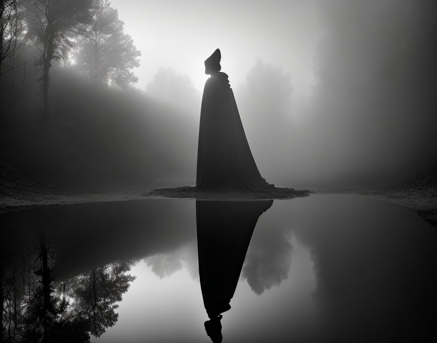 Mysterious figure in cloak and hat by reflective water in misty forest landscape