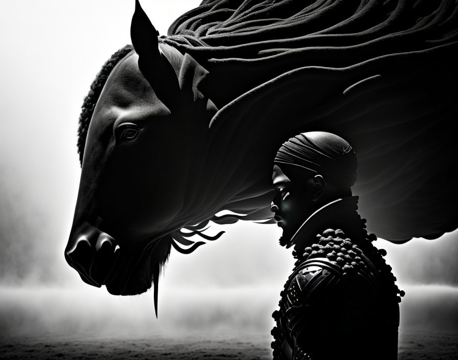 Monochrome profile image of person and horse in serene misty setting