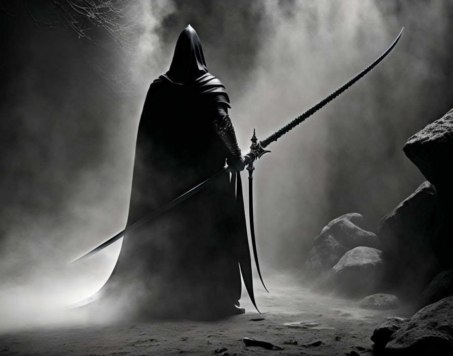 Mysterious cloaked figure with ornate scythe in misty setting