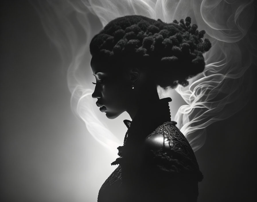 Person's Silhouette with Detailed Hairstyle Amid Swirling Smoke