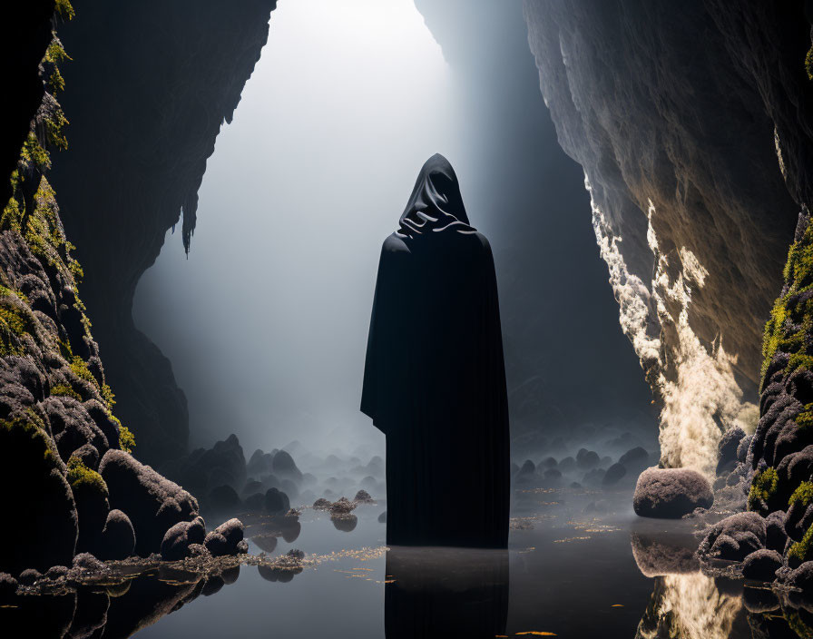 Cloaked figure in misty cave with sunlight.