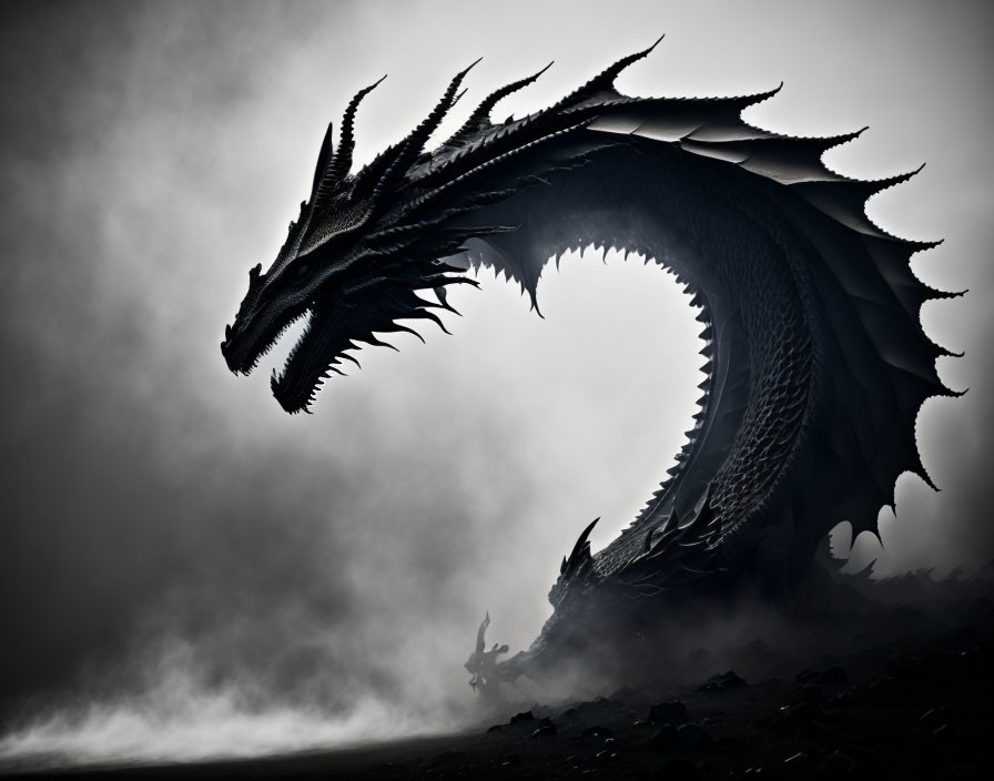 Silhouetted dragon with spiky protrusions against misty background