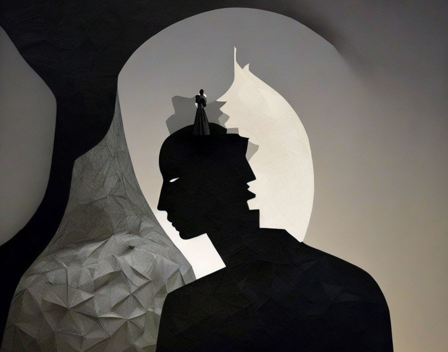 Intricate silhouette cut-out design with smaller figure on peak against gradient background