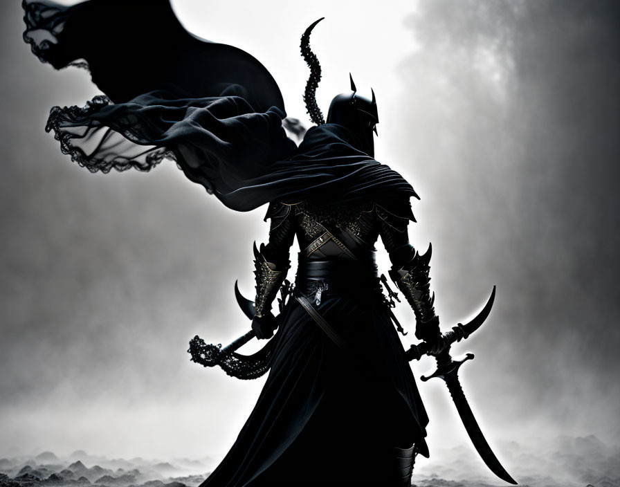 Silhouette of armored figure with sword in dramatic setting