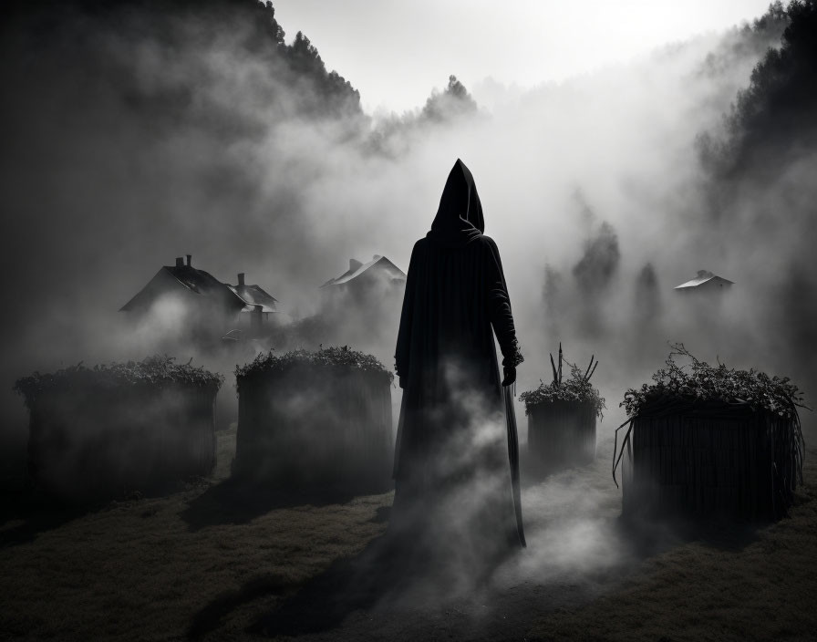 Mysterious cloaked figure with staff in misty twilight village