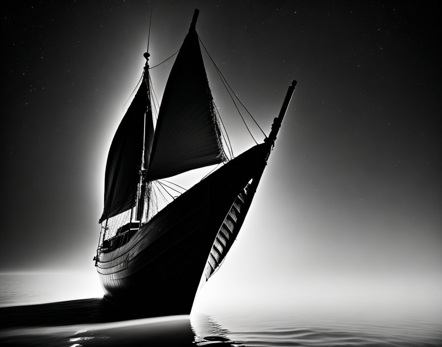 Monochrome sailboat with billowing sails on calm waters