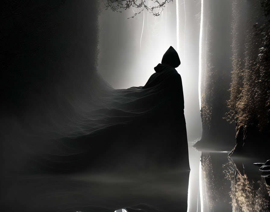 Cloaked figure by misty river bank with vertical beam of light