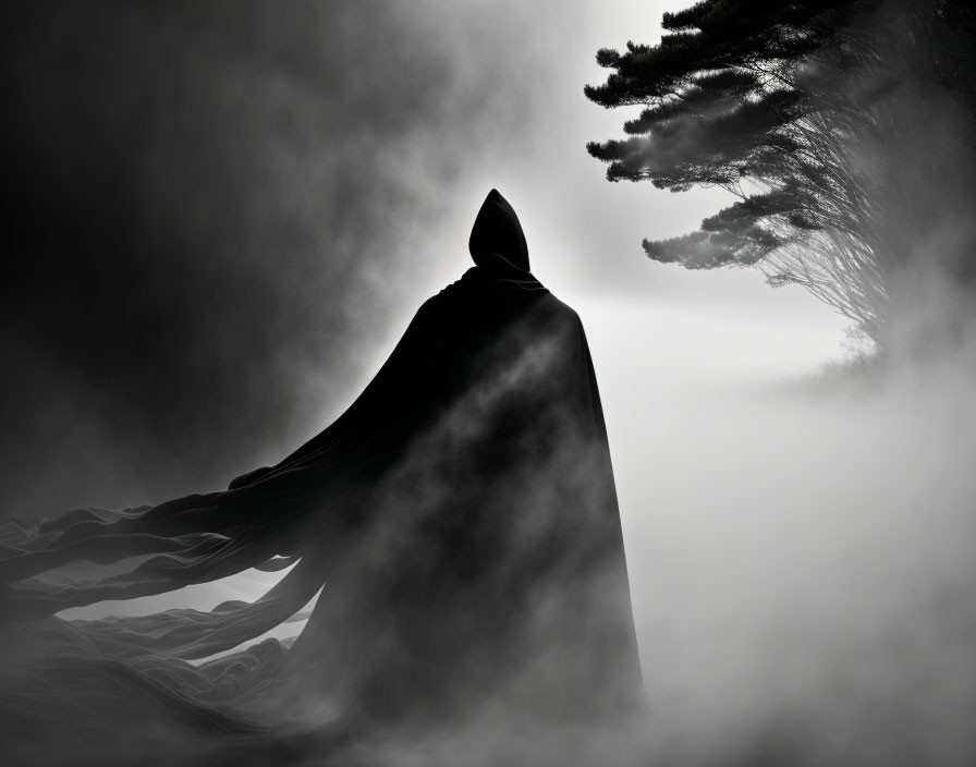 Mysterious figure in cloak in misty woods with trees and light