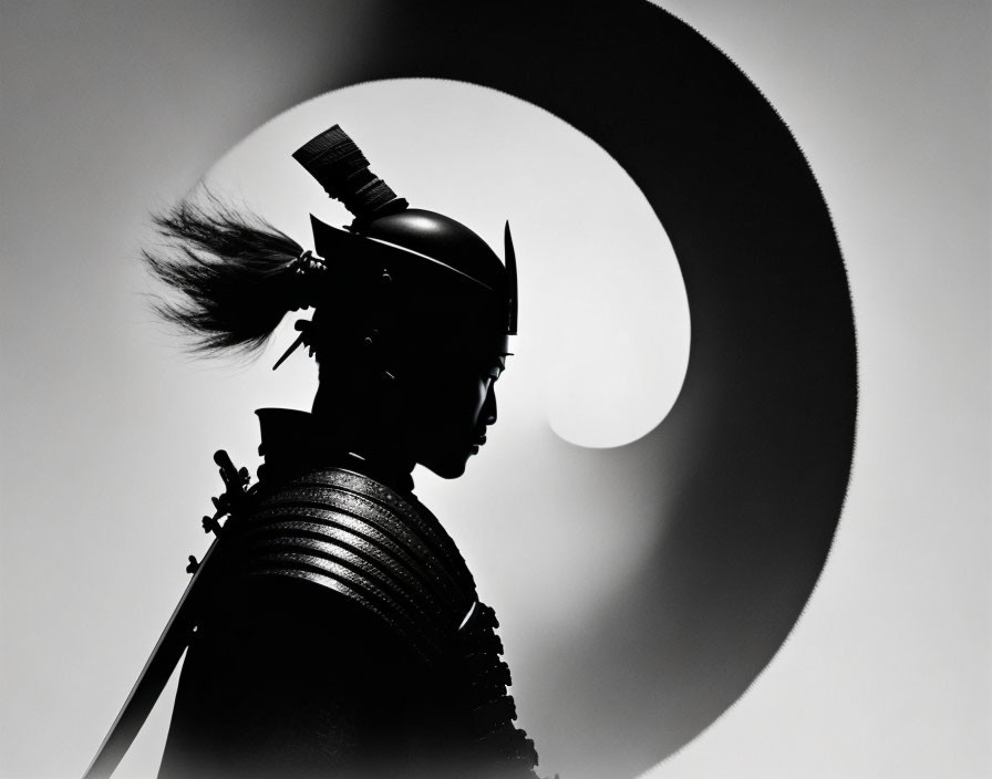 Silhouette of person in samurai armor with kabuto helmet and moon backdrop.