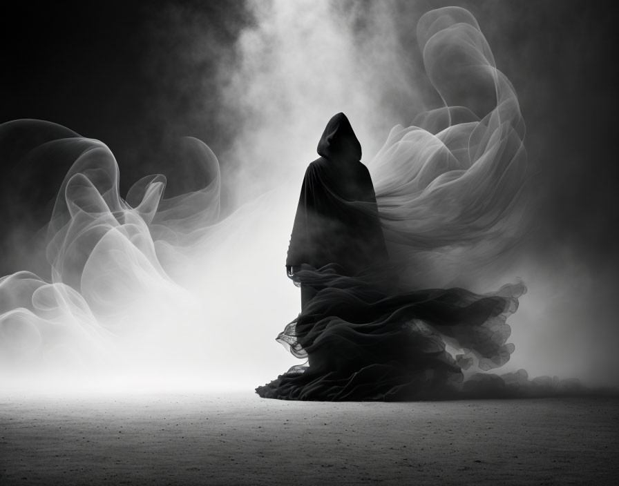 Cloaked Figure in Swirling Mists on Moody Landscape