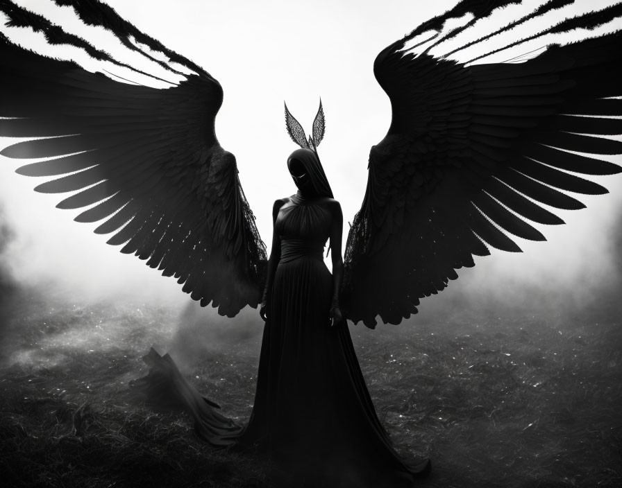 Silhouette of person with angelic wings in misty setting.