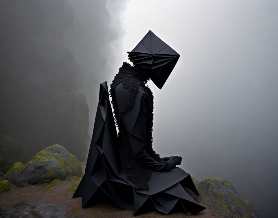 Geometric figure in black costume on misty rock in surreal setting