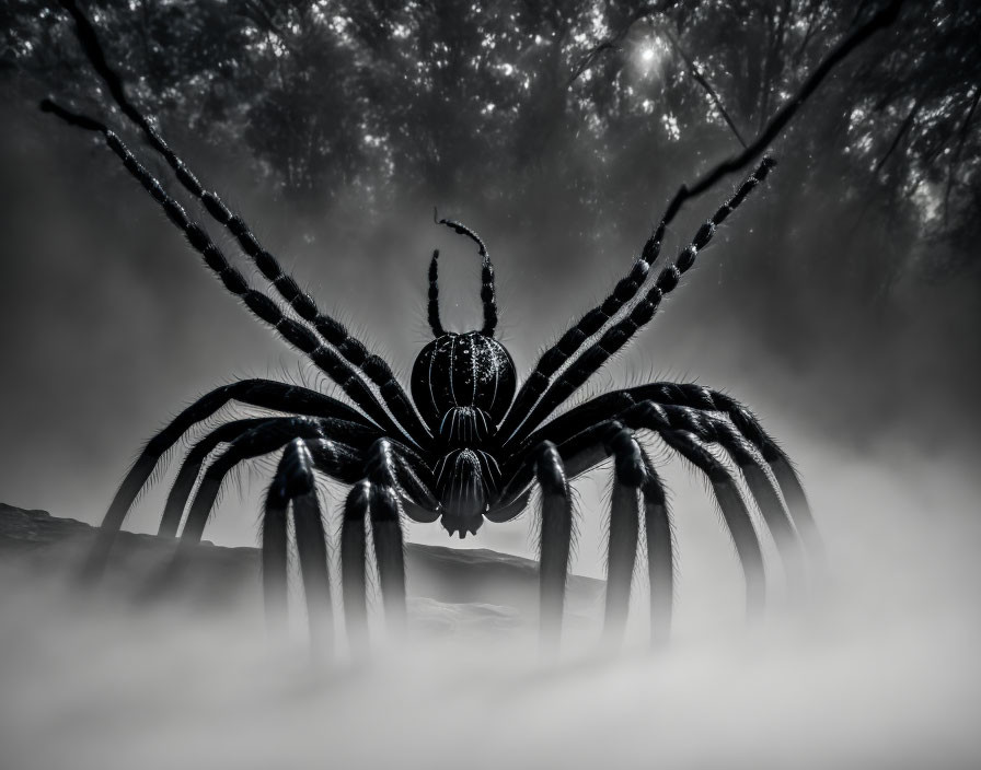 Eerie spider in misty forest with stretched legs