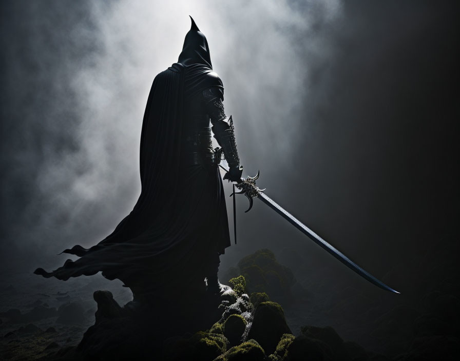 Mysterious figure in cloak and armor with long sword in misty landscape