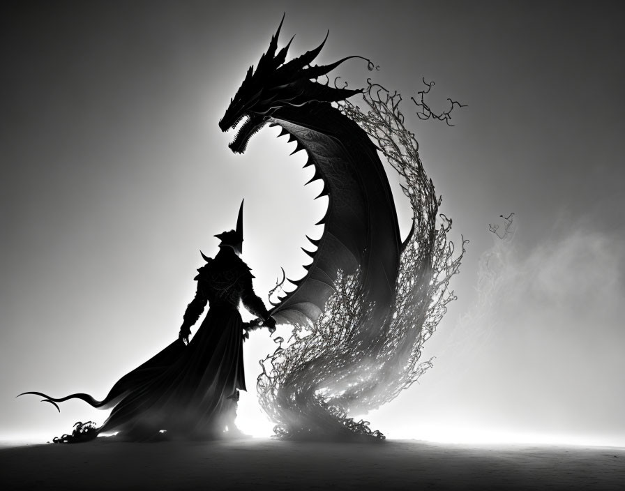 Knight and dragon silhouette against bright background with unfurled wings