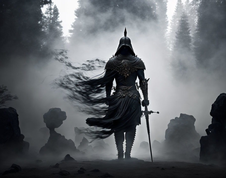 Mysterious figure in dark armor with sword in foggy forest