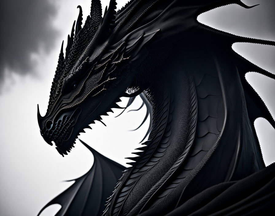 Black dragon with large wings in stormy sky.