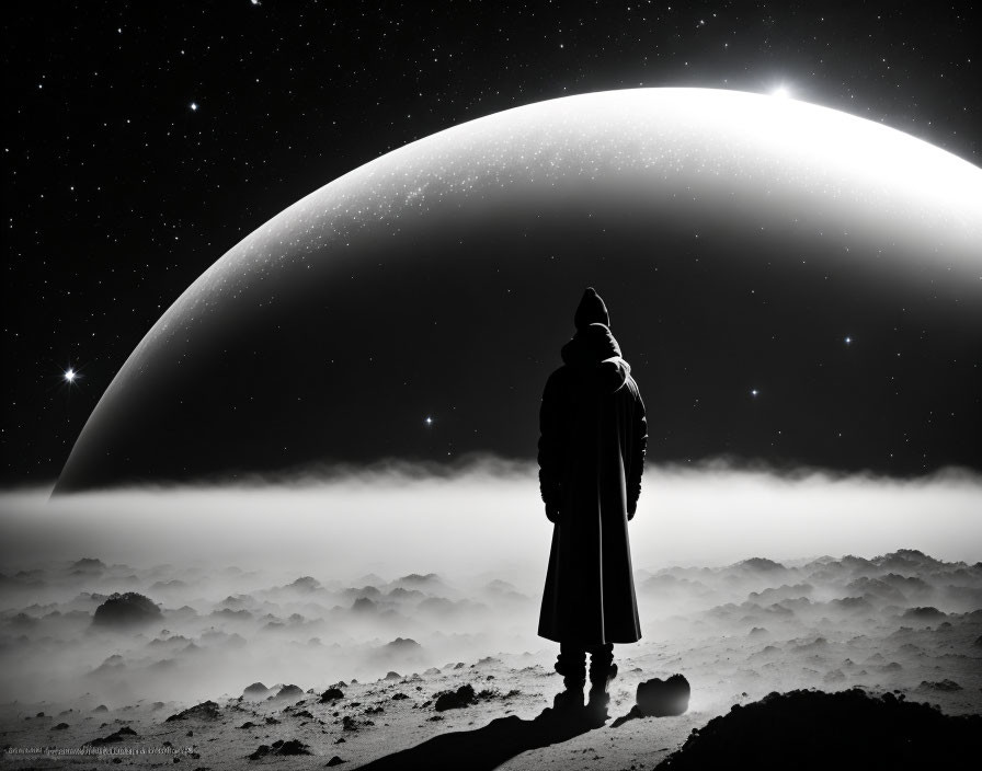 Cloaked figure gazes at planet on foggy terrain