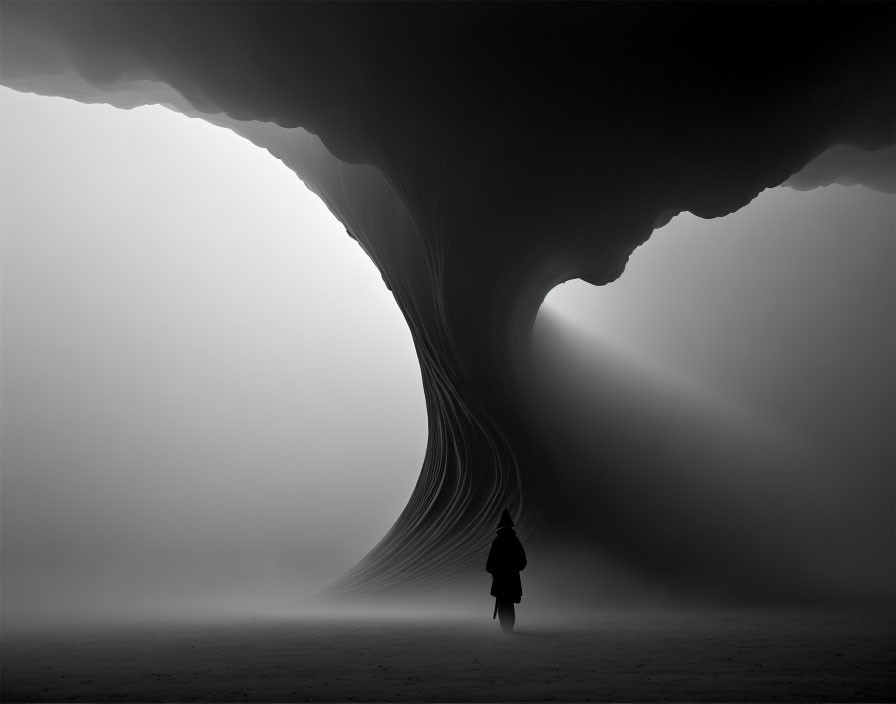 Solitary figure under swirling rock formation in misty landscape