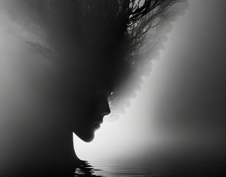 Monochromatic silhouette with tree-like hair and water reflections