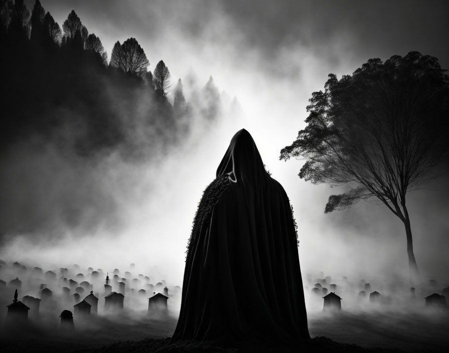 Silhouetted figure in cloak in foggy graveyard with tombstones